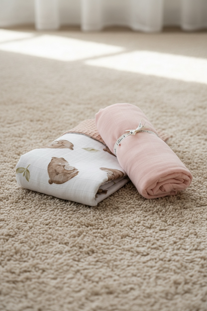 Duo mousseline + gaufrée ours rose