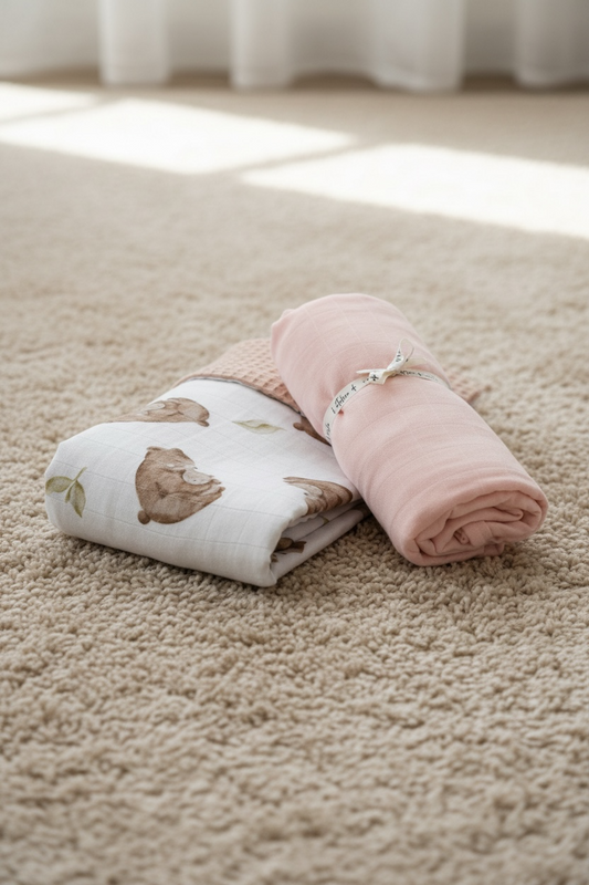 Duo mousseline + gaufrée ours rose